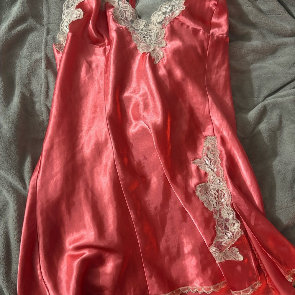 Frederick's of Hollywood Pink Satin Slip with Cream Lace Vintage